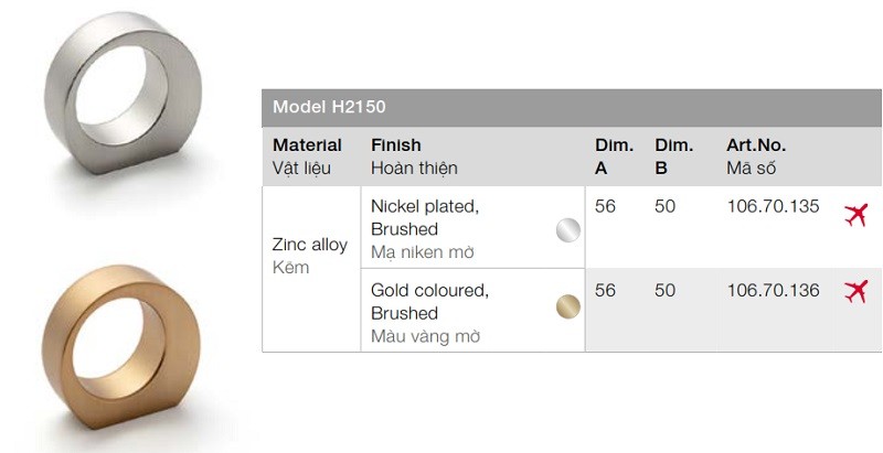 Tay nắm tủ Hafele 106.70.135 mạ niken mờ 56x50mm