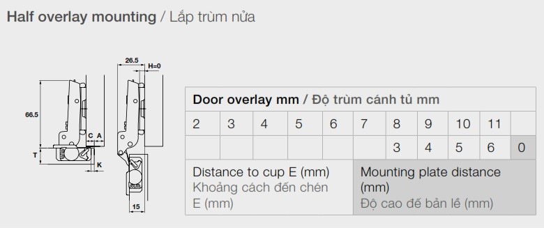 Bản lề Hafele 334.10.011 Mettalamat NEO 110º trùm nửa mạ niken