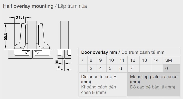 Bản lề Metalla A không giảm chấn 110° trùm nửa Hafele 311.01.078