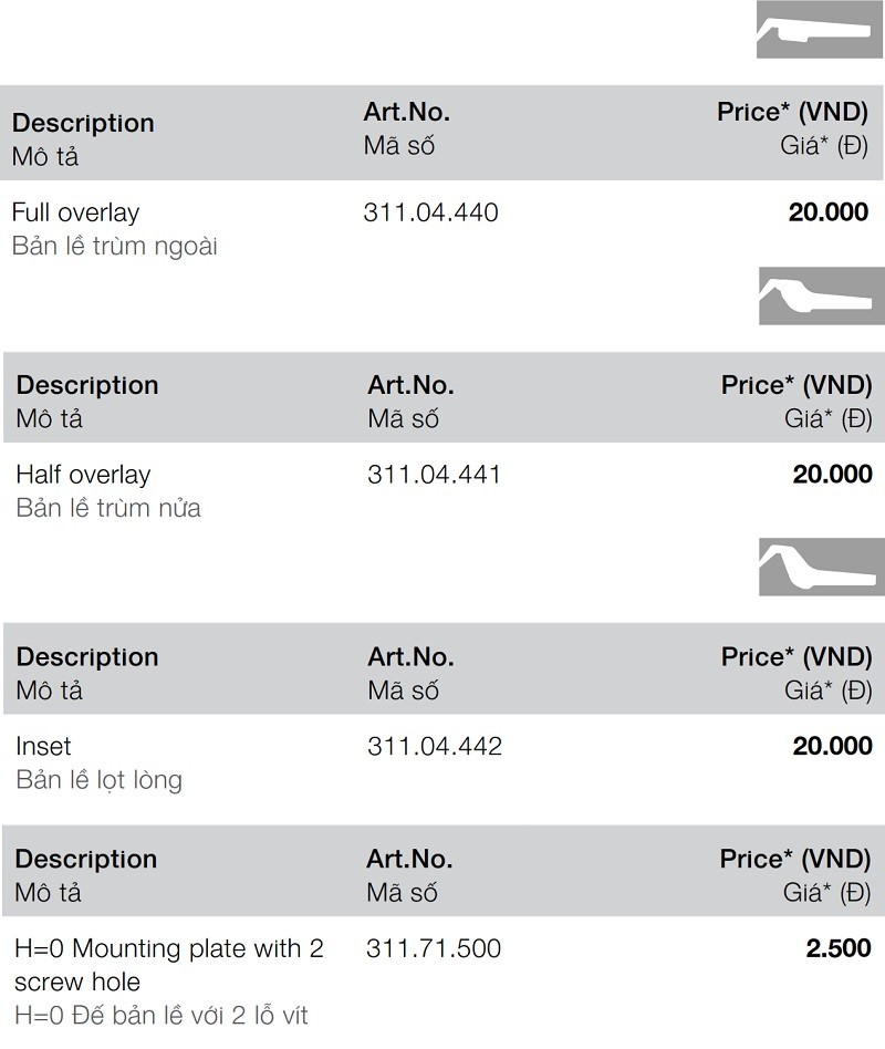 Bản lề MINI 95 độ lắp gài trùm nửa Hafele 311.04.441