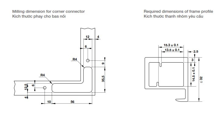 Bas nối Hafele 342.79.717 phải cho khung nhôm với bản lề âm 3D