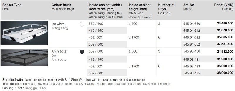 Bộ kệ đựng thực phẩm Tandem Pantry R600mm với 3 khay đen Hafele 545.93.436