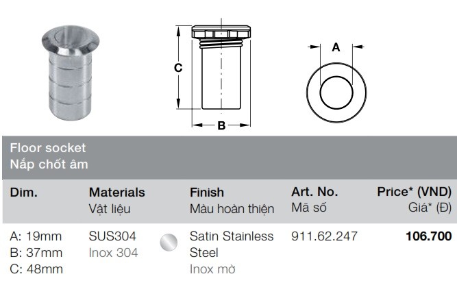 Nắp chốt âm inox mờ Hafele 911.62.247