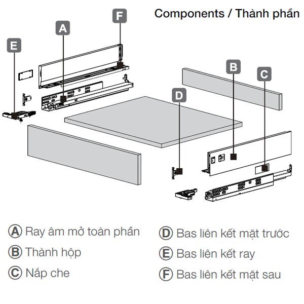 Ray hộp Hafele Alto-S giảm chấn H80 xám đậm 552.49.316