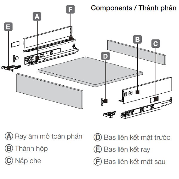 Ray hộp Hafele Alto-S nhấn mở H80 trắng mờ 552.35.735