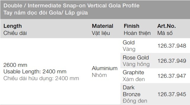 Tay nắm dọc Hafele 126.37.949 Gola đôi 2600mm vàng hồng