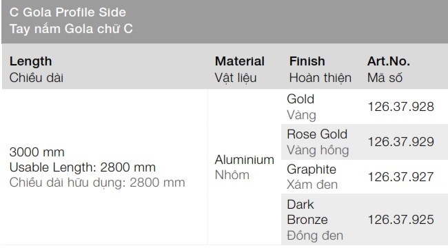 Tay nắm Hafele 126.37.927 âm tủ Gola C 3000mm xám đen