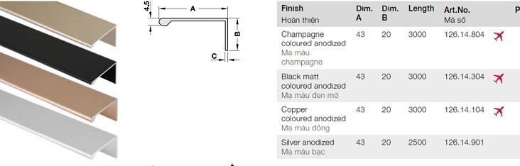 Tay nắm tủ dạng thanh nhôm 43x20x3000mm màu đen mờ Hafele 126.14.304