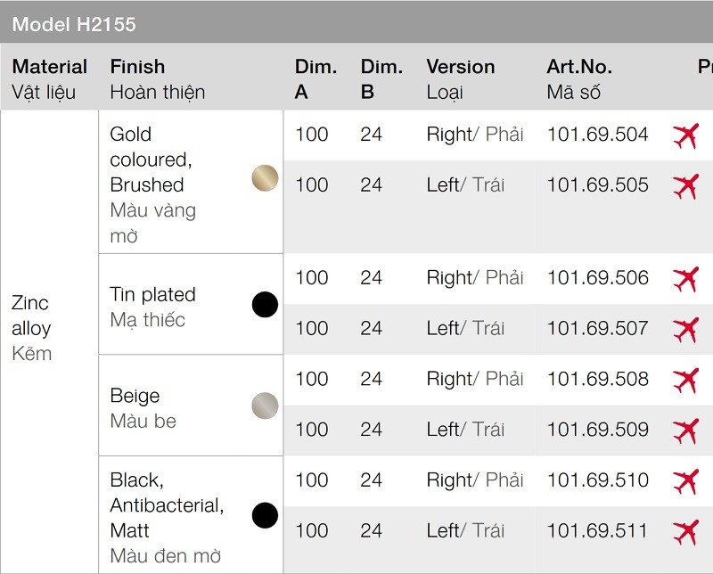 Tay nắm tủ Hafele 101.69.508 màu be 100x24mm phải