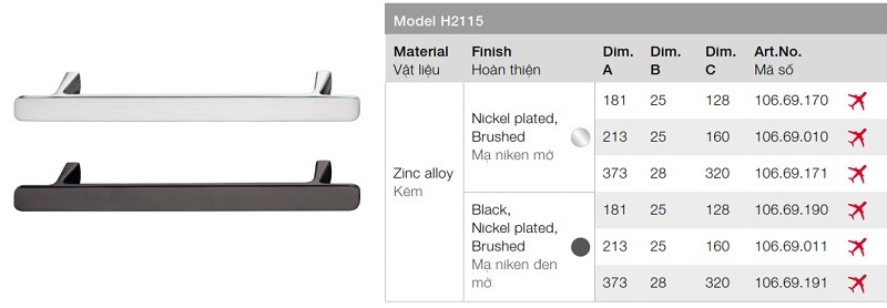Tay nắm tủ Hafele 106.69.011 mạ niken đen mờ 213x25x160mm