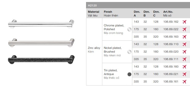 Tay nắm tủ Hafele 106.69.020 mạ niken mờ 175x32x160mm