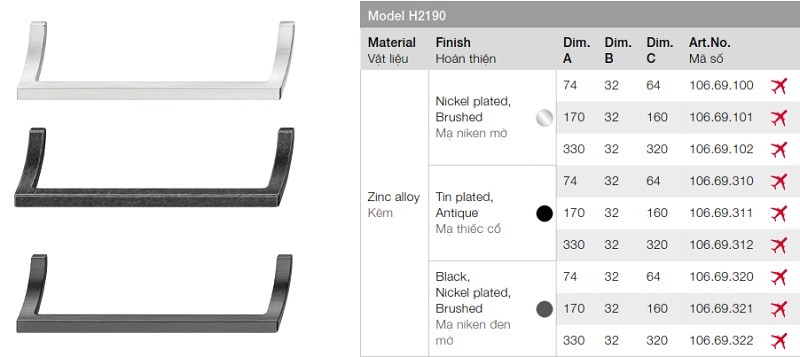 Tay nắm tủ Hafele 106.69.320 mạ niken đen mờ 74x32x64mm