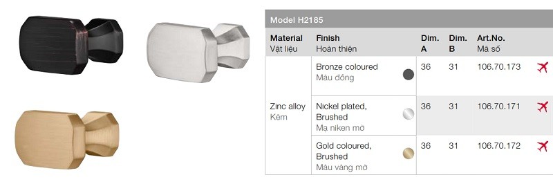 Tay nắm tủ Hafele 106.70.171 mạ niken mờ 36x31mm