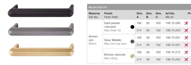 Tay nắm tủ Hafele 106.70.202 màu đồng 214x28x192mm