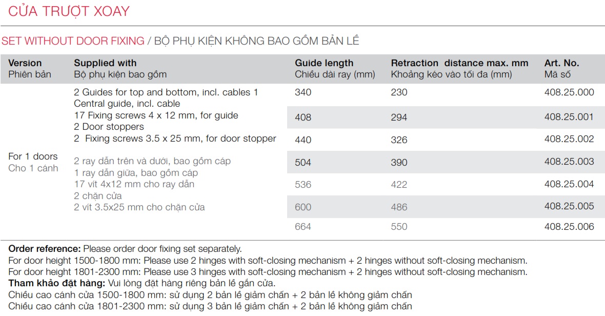 Cửa trượt xoay Hafele SLIDO F-PARK71 25B