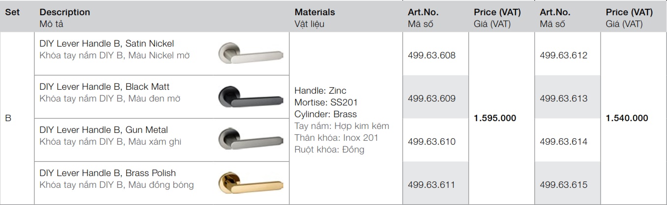 Bộ tay gạt 499.63.611 Hafele DIY-B cửa đi đồng bóng