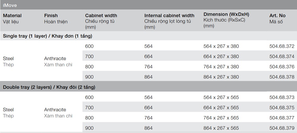 Kệ nâng hạ Hafele 504.68.375 Imove R700mm