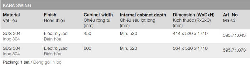 Tủ kho Hafele 595.71.043 Kara Swing R450mm inox