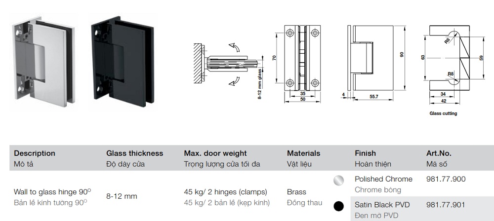 Bản lề phòng tắm kính 90º Hafele 981.77.900 chrome bóng